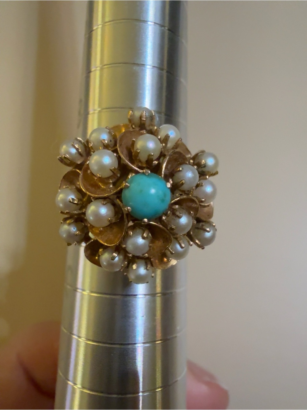 Vintage 14K Gold Pearl & Natural Turquoise Floral Cluster Ring
